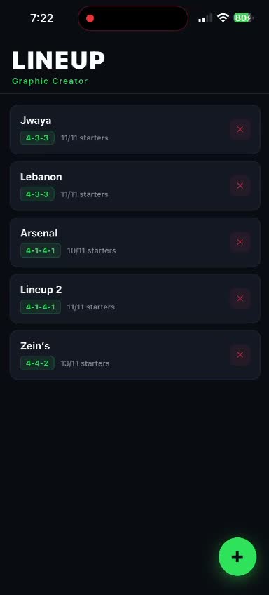 Saved LINEUP teams with formations and starter counts