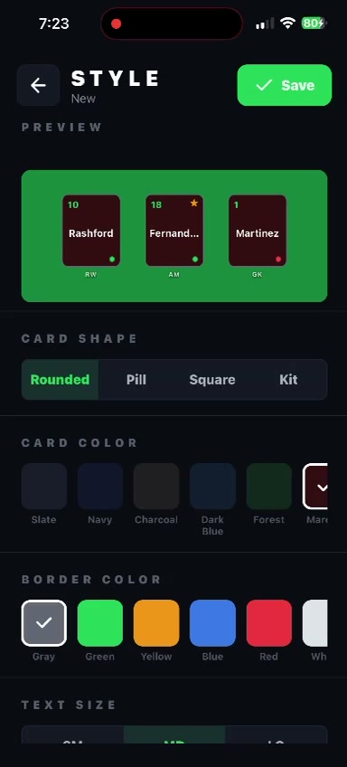 LINEUP style editor with card, border, and text controls